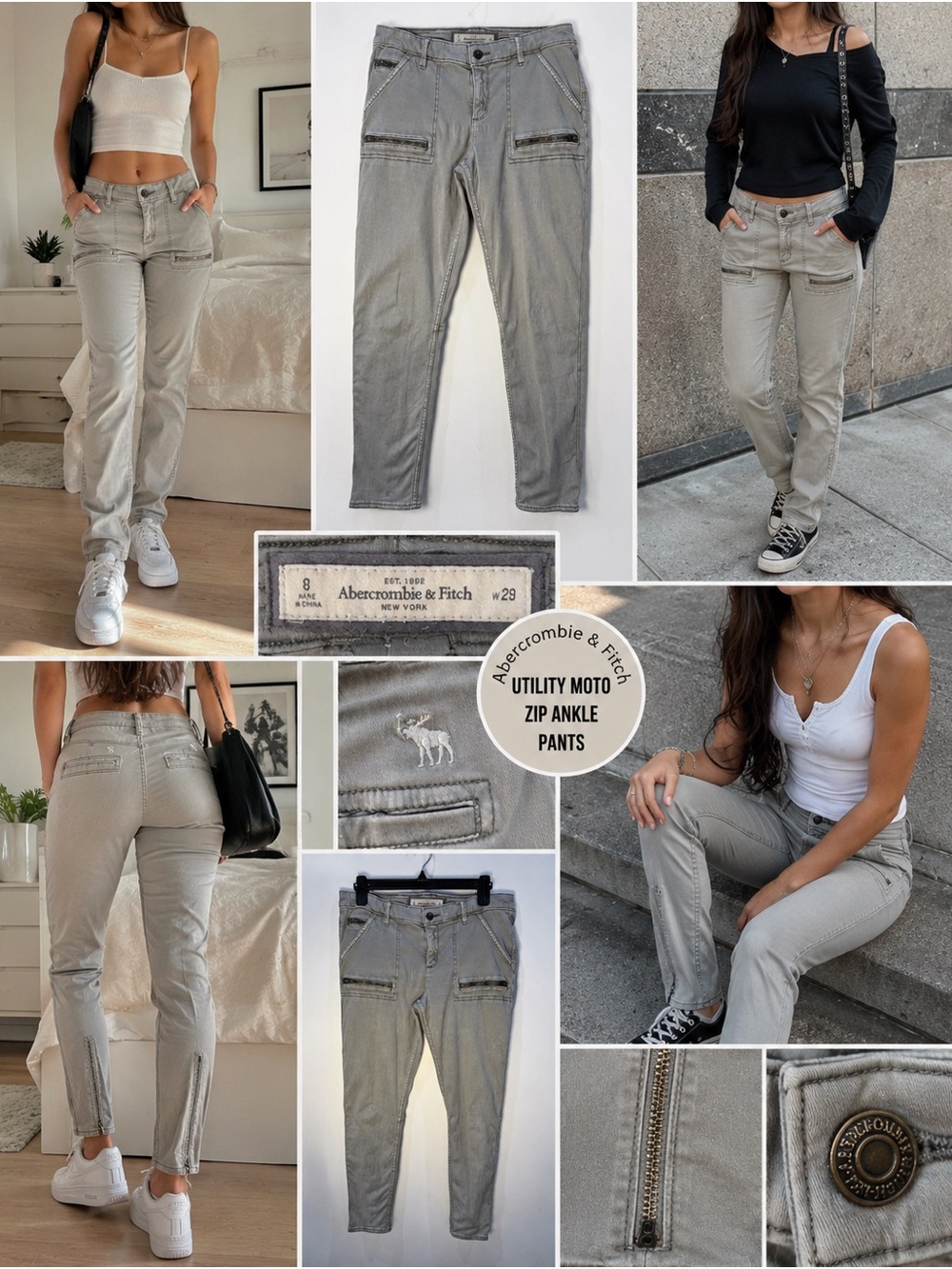 Abercrombie & Fitch Size 8 W29 Gray Utility Moto Skinny Pants Zip Ankle Stretch